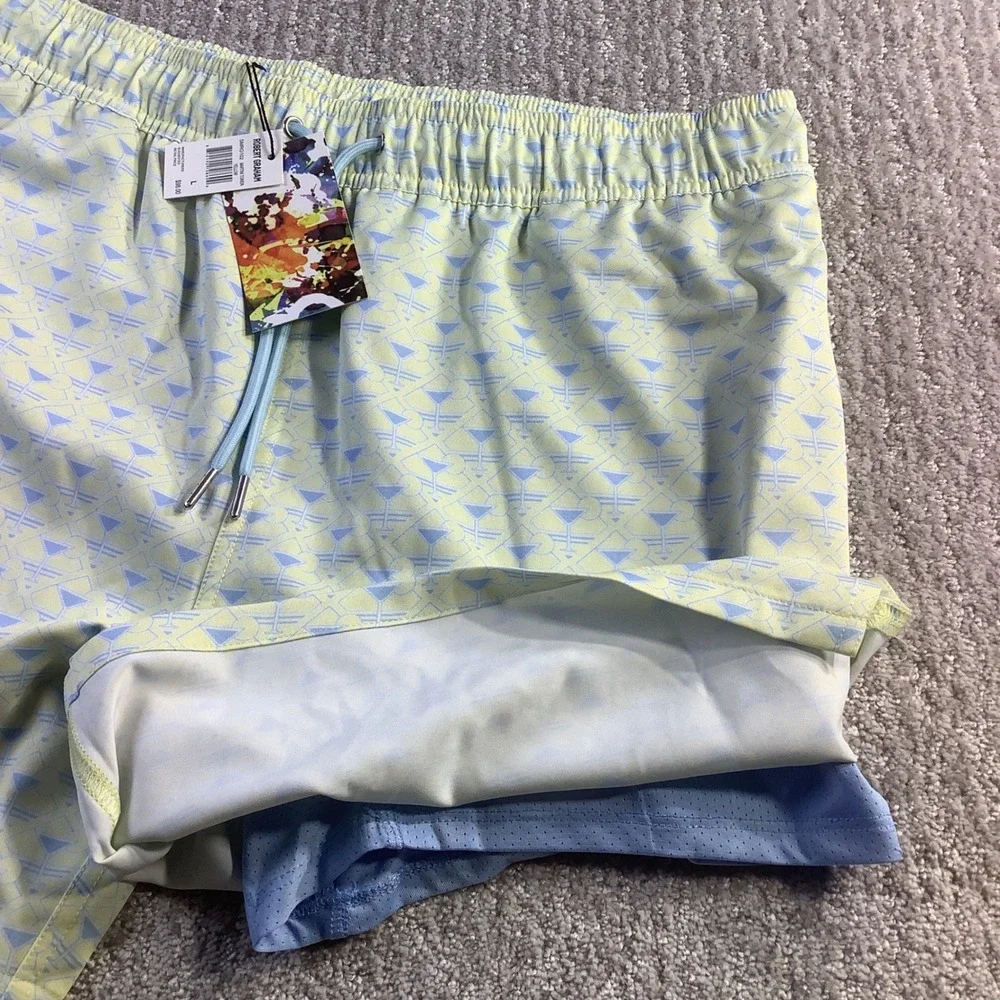 Robert Graham Mens Martini Tower Swim Trunks Yellow Blue Size L NWT